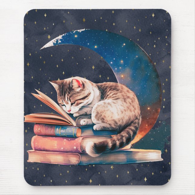 Mousepad Gato Adorável na Lua Lendo um Livro (Frente)