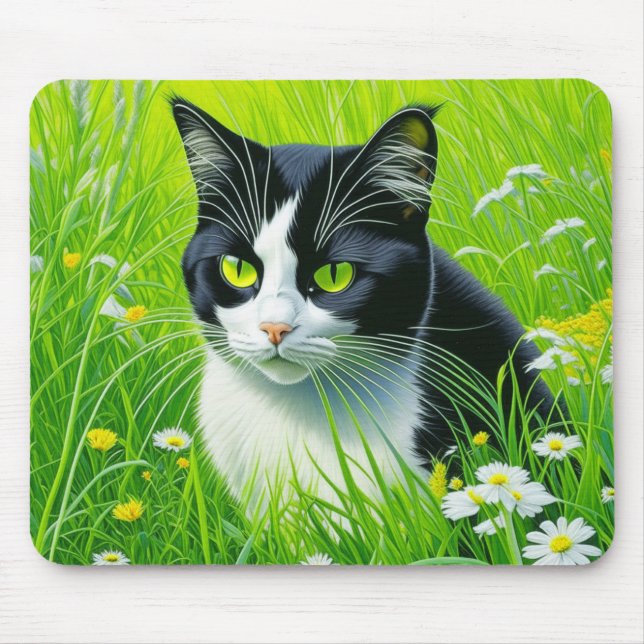 Mousepad Gato Adorável sentado num campo das Disies (Frente)