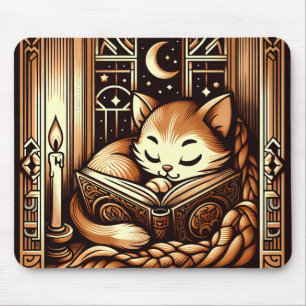 Mousepad Gato Adormecido Estilo Art Déco Com Um Livro