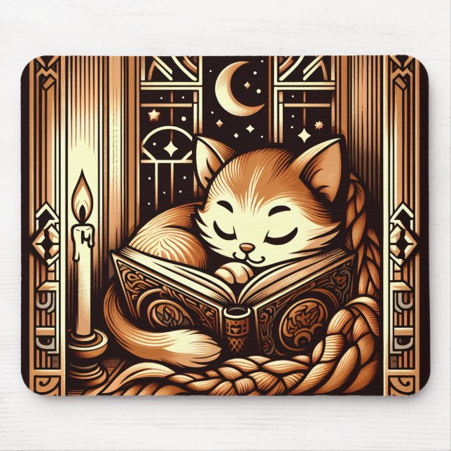 Mousepad Gato Adormecido Estilo Art Déco Com Um Livro (Frente)