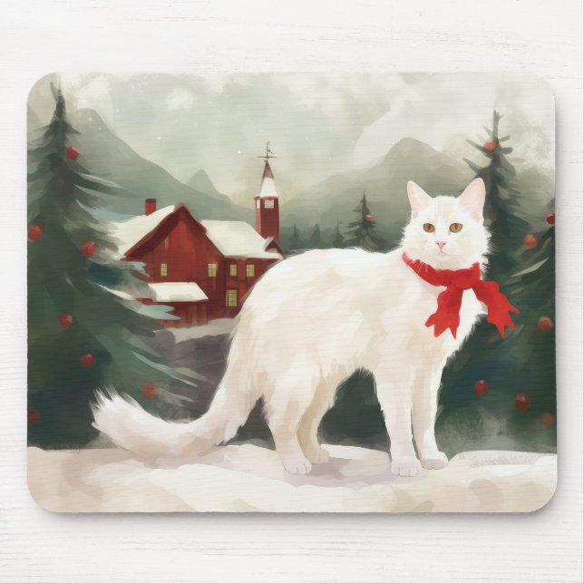 Mousepad Gato Angora Turco no Natal com Neve (Frente)