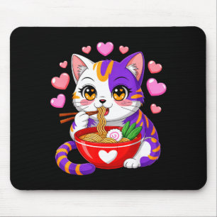 Mousepad Gato Anime Comendo Macarrão Ramen Com Corações Eng