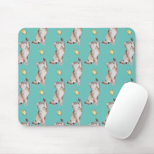 Mousepad Gato Atingindo Borboleta Amarela em Teto Claro (Com mouse)