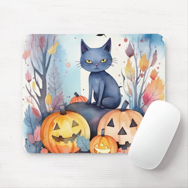 Mousepad Gato Azul Oriental do Halloween com Abóboras Assus (Com mouse)