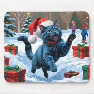 Mousepad Gato Azul Russo Correndo na Neve com Chapéu de Nat