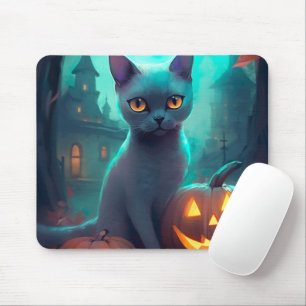 Mousepad Gato Azul Russo de Halloween com Abóboras Assustad