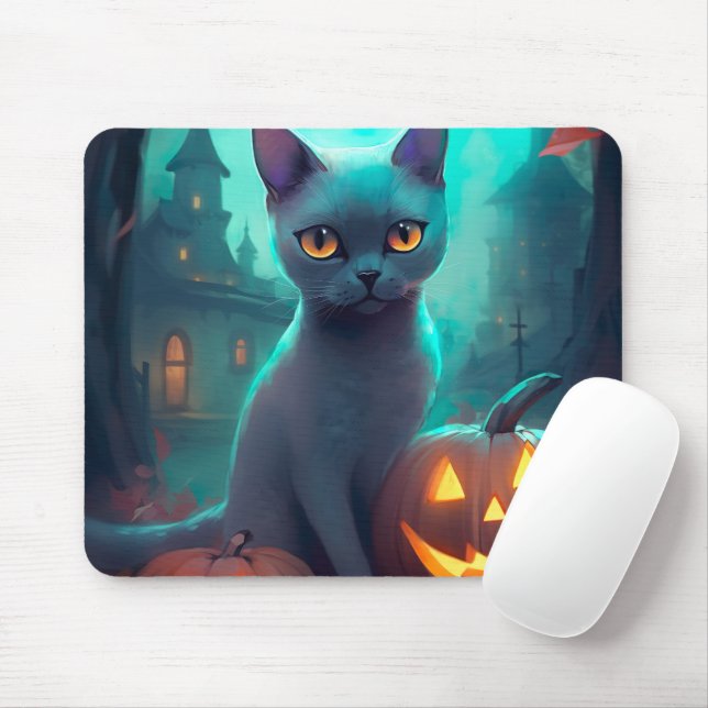 Mousepad Gato Azul Russo Halloween Com Pumpkins Assustado (Com mouse)
