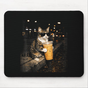 Mousepad Gato bebendo café gelado meme engraçado de animal 