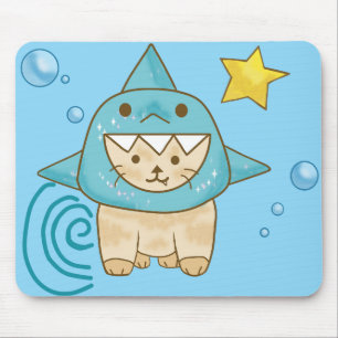 Mousepad Gato beige bonito em roupa de tubarão aqua tema do