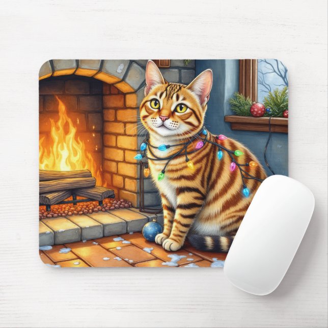 Mousepad Gato Bengal lareira com luzes de Natal (Com mouse)