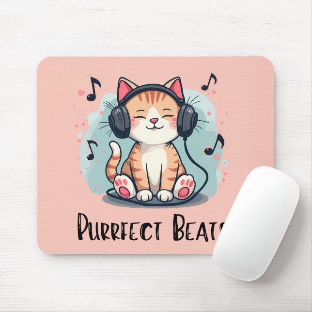 Mousepad Gato bonito com Fones de ouvido Kawaii Music Lover (Com mouse)