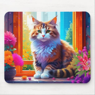 Mousepad Gato Bonito Sentado na Janela da Cidade Arte Ai