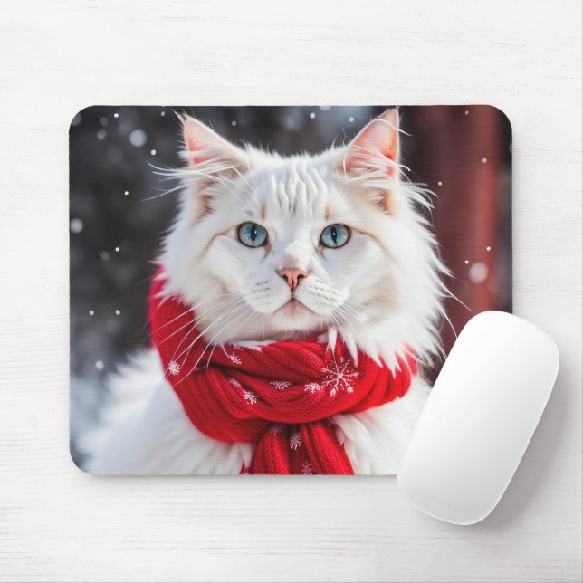 Mousepad Gato Branco com a espinha vermelha de inverno (Com mouse)
