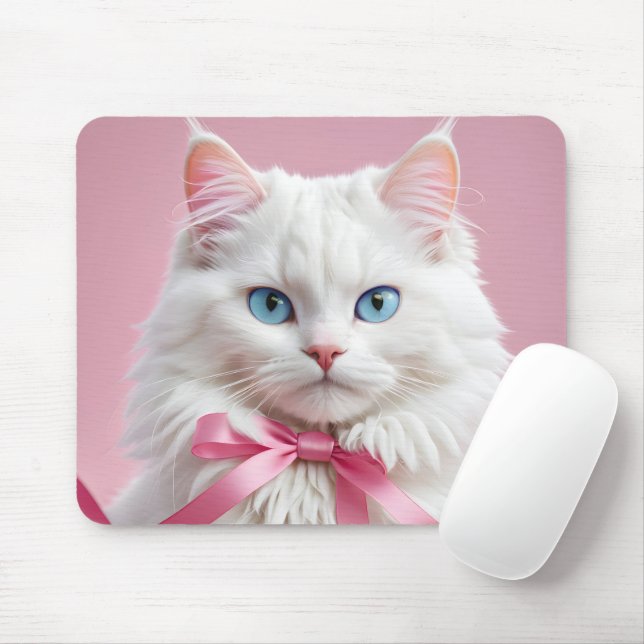 Mousepad Gato Branco com Fita Rosa (Com mouse)