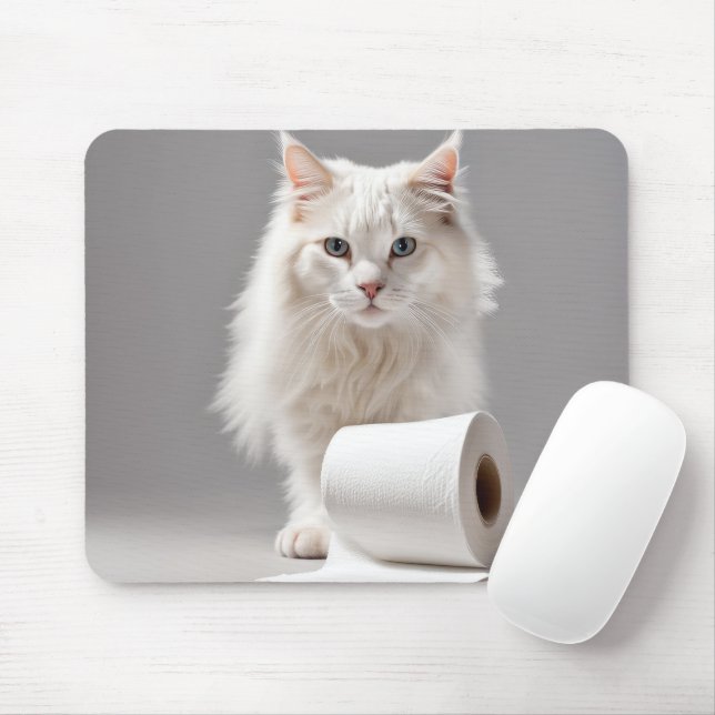 Mousepad Gato Branco Com Papel De Banheiro (Com mouse)