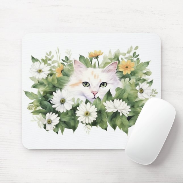 Mousepad Gato Branco Da Aquarela Em Daisie (Com mouse)