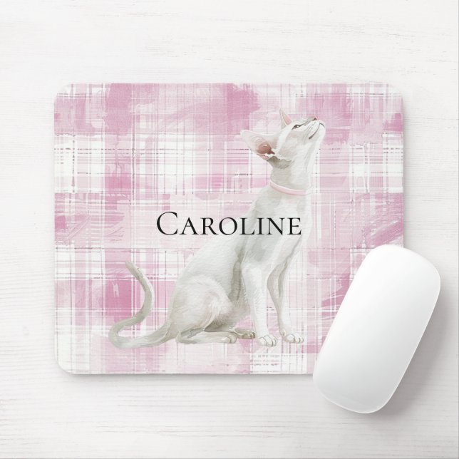 Mousepad Gato branco de Xadrez rosa (Com mouse)