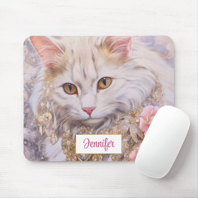 Mousepad Gato Branco Elegante em Dourado e Ouros (Com mouse)