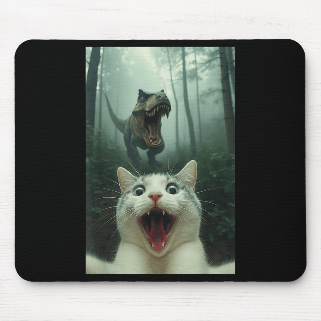 Mousepad Gato Branco Engraçado Selfie Com Dinossauro T-rex, (Frente)