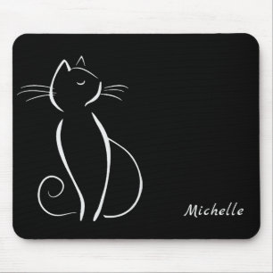 Mousepad Gato Branco Minimizado em Preto Nome Adicionar