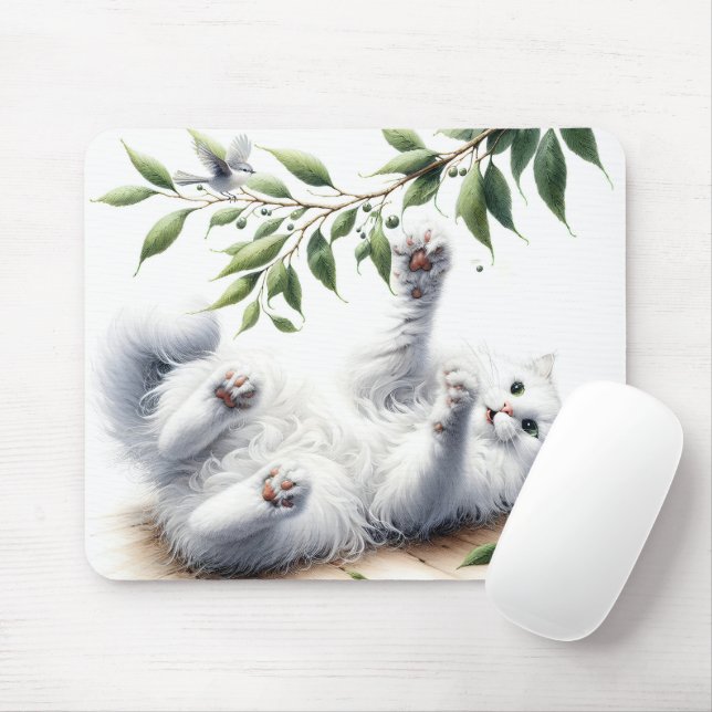 Mousepad Gato Branco Reprodutor Com Ramificação De Árvore (Com mouse)