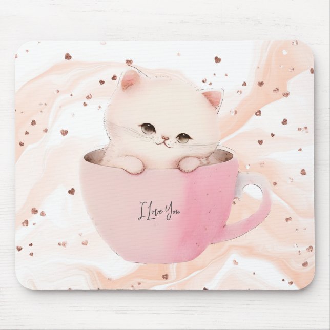 Mousepad Gato branco-rosado em uma taça de chá (Frente)