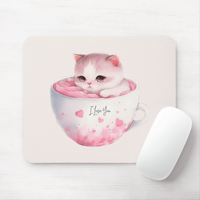 Mousepad Gato branco-rosado em uma taça de chá (3) (Com mouse)