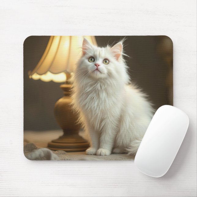 Mousepad Gato Branco Sentado No Lamplificador Quente (Com mouse)