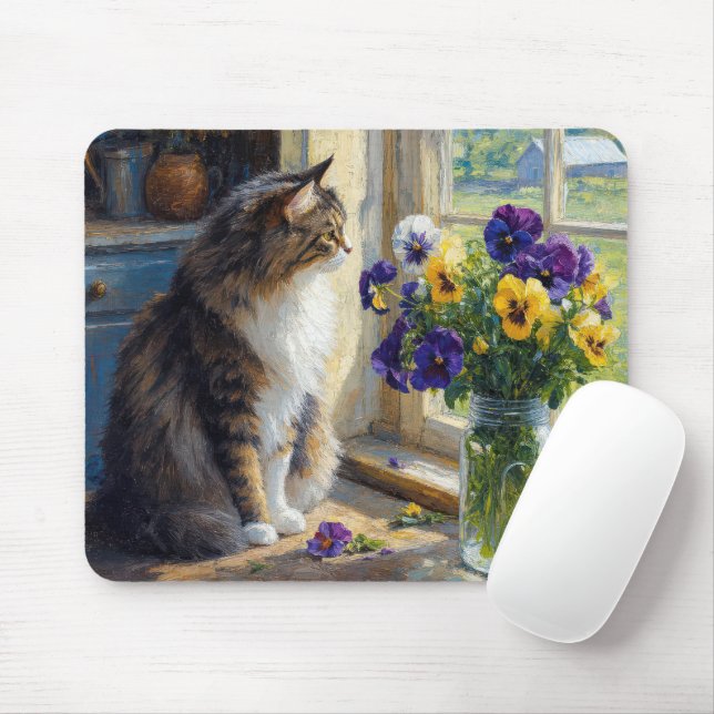 Mousepad Gato Calico com Buquê de Pensamentos junto à Janel (Com mouse)