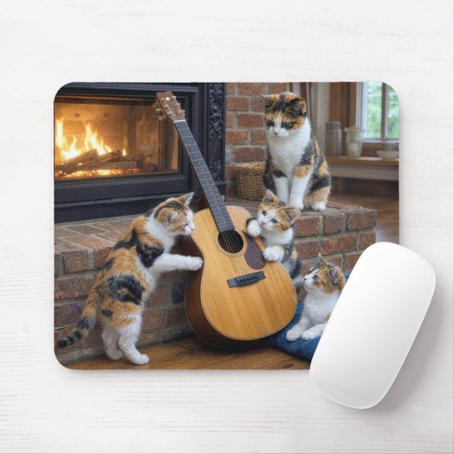 Mousepad Gato Calico com Gatinhos e Violão (Com mouse)