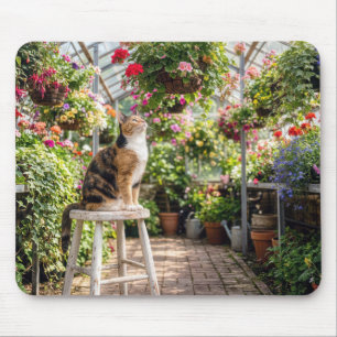 Mousepad Gato Calico em um Banco no Jardim de Inverno