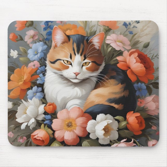 Mousepad Gato calico fofo e flores (Frente)