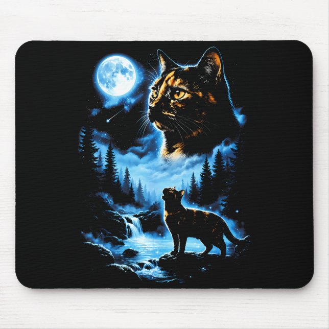 Mousepad Gato casca de tartaruga lua cheia floresta mística (Frente)
