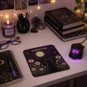 Mousepad Gato Celestial Personalizado Floral Roxo
