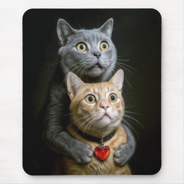 Mousepad Gato cinza com gato ruivo em pose de abraço (Frente)
