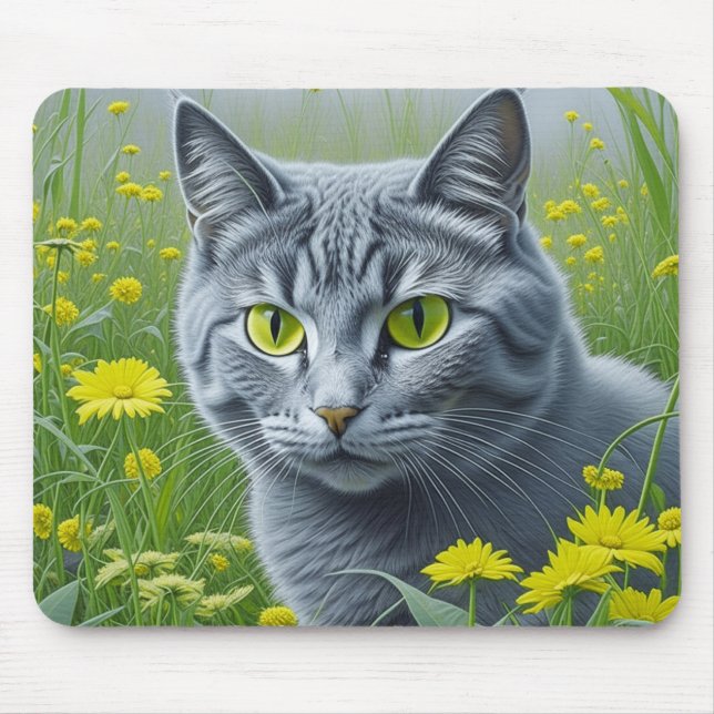 Mousepad Gato Cinza Fofo com Olhos Amarelos Arte de IA (Frente)