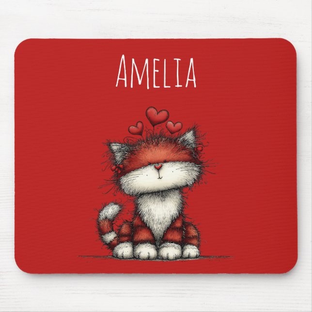 Mousepad Gato com Corações de Amor Vermelhos Fofo e Diverti (Frente)