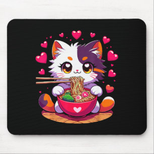 Mousepad Gato de Anime Comendo Macarrão Ramen Com Corações