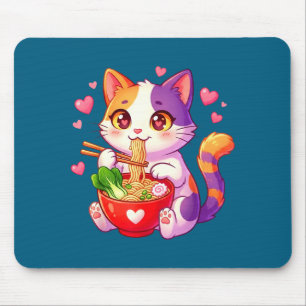 Mousepad Gato de Anime Comendo Macarrão Ramen Com Corações