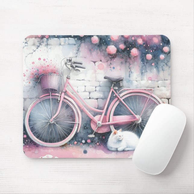 Mousepad Gato de Aquarela e Bike Rosa (Com mouse)