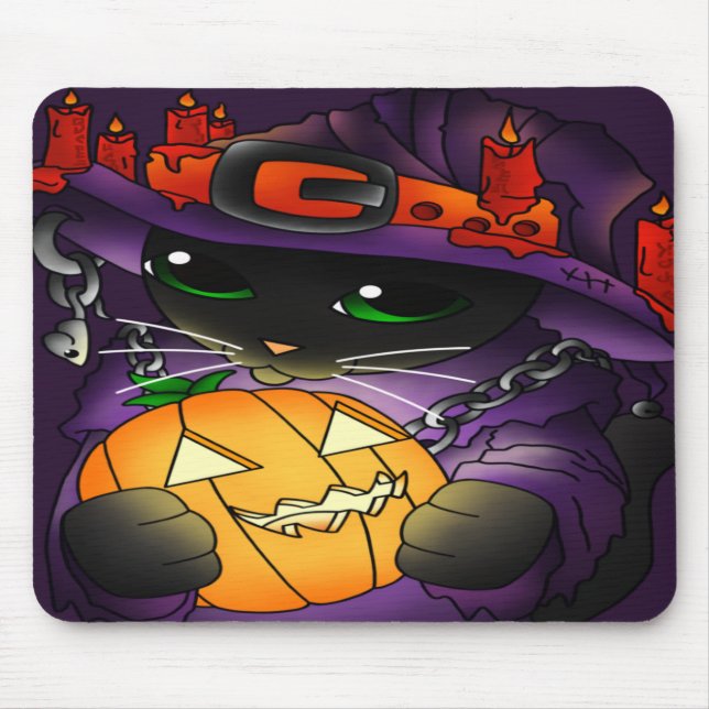 Mousepad Gato de Bruxas Negras de Abóbora Halloween (Frente)