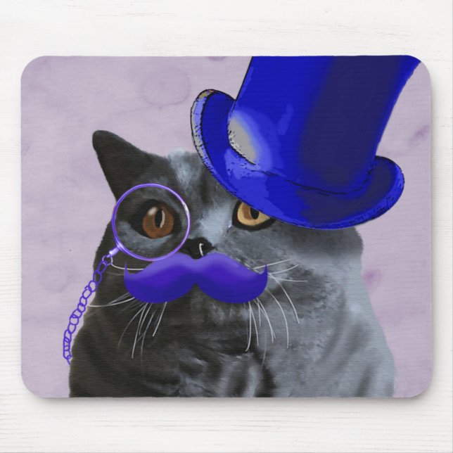 Mousepad Gato de cinza com bigode azul superior e bigode (Frente)