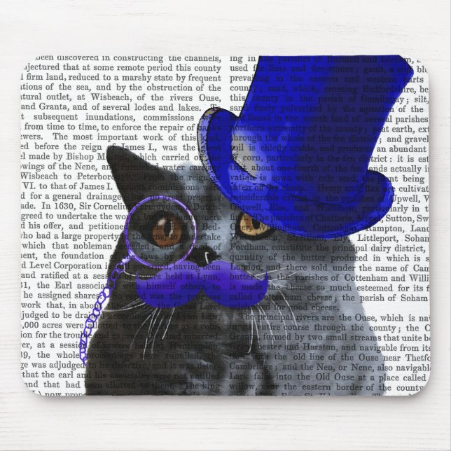 Mousepad Gato de cinza com bigode azul superior e bigode az (Frente)