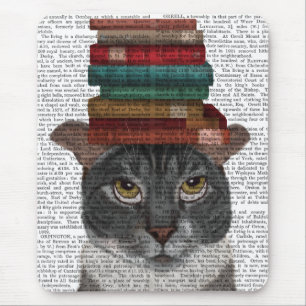 Mousepad Gato de Cinza com Livros na Cabeça
