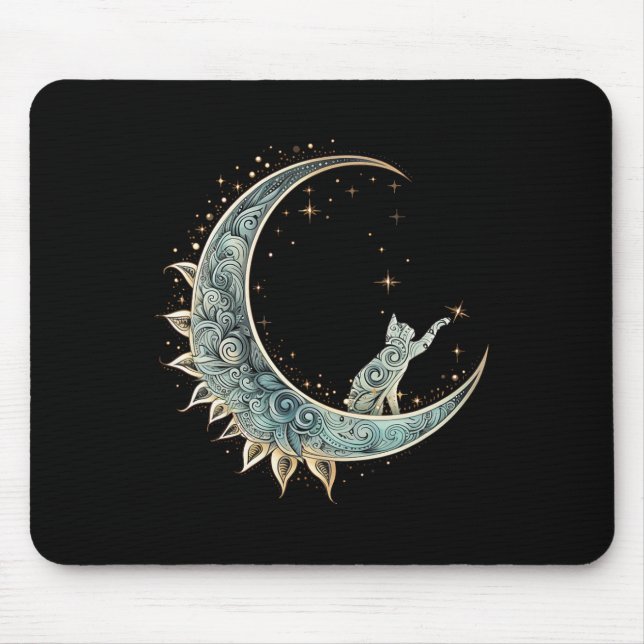 Mousepad Gato De Estética Mística Sentado Em Lua Crescente  (Frente)