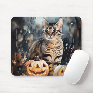 Mousepad Gato de Halloween Bengal com Pumpkins assustado