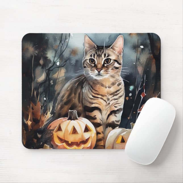 Mousepad Gato de Halloween Bengal com Pumpkins assustado (Com mouse)