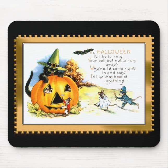 Mousepad Gato de Halloween Sentado na Jack O Lantern (Frente)