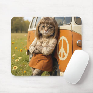 Mousepad Gato de Hippie se inclinando em uma Van Retro