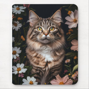 Mousepad Gato de Maine Coon cercado por flores
